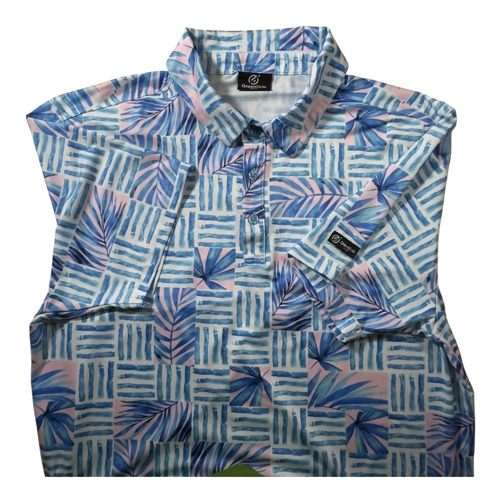 GreenSide Golf Polo Shirt Tropical Print Short Sleeve Sportswear Blue Pink SZ‎ M